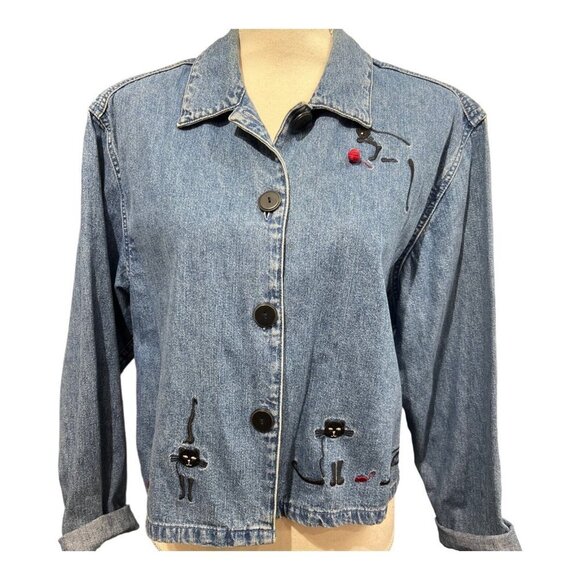 CJ Banks L Denim Shirt Embroidered Cat Kitty‎ Button Down Crazy Cat Lady Casual - Picture 6 of 10